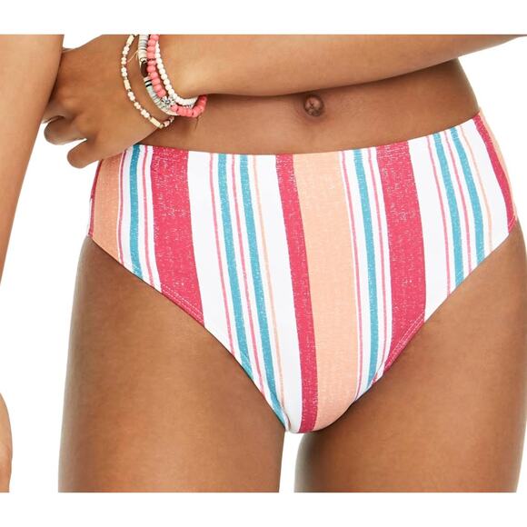 Roxy Women's Striped Pink Green High Waist Swim Bottoms Large NEW - Picture 1 of 6